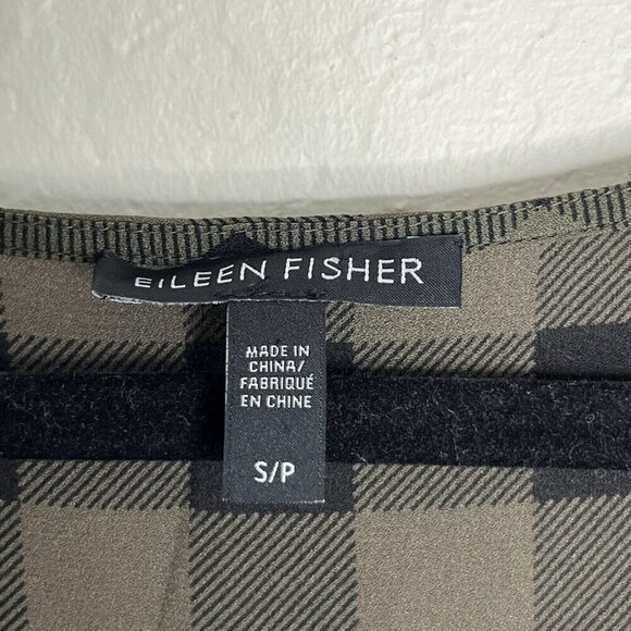 Eileen Fisher 100% Silk Sheer Plaid Sleeveless‎ Hi Low Tunic Black Olive Green S - Picture 6 of 10